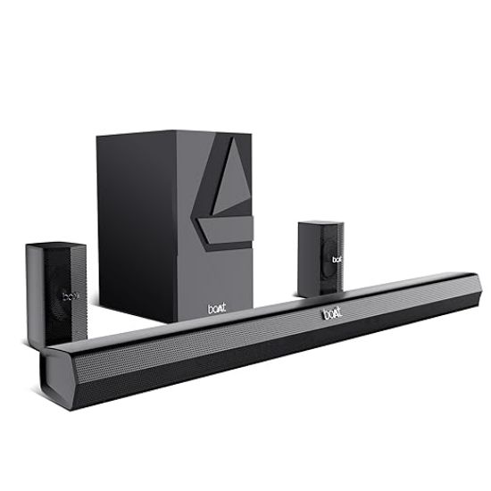 Picture of BoAt Aavante Bar Azure Pro, 550 W Sound, 5.1CH with Wireless Rear Satellite Speakers, EQ Modes, BTv5.4,Multiple Ports, Master Remote, Bluetooth Sound Bar, Home Theatre Soundbar Speaker (Premium Black)